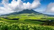 © anis rohayati - View green plains and beautiful mountain, clear skies, natural panorama destination background wallpaper AI generated image