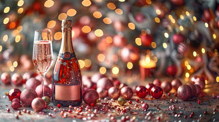 Festive Christmas and New Year's banner featuring champagne bottles adorned with golden glitter on a pink background, accented with pine branches and confetti stars, ideal for party event presentation