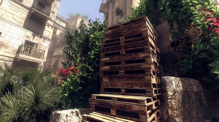 Poster - Modern Warehouse Interior with Stacked Wooden Pallets