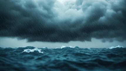 Dramatic stormy ocean scene with dark clouds and rain over turbulent waves.