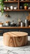 © mischenko - Podium, pedestal tray on the background of the kitchen. For presentation