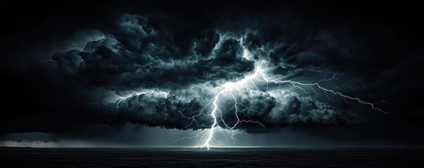 Poster - Dramatic lightning striking dark clouds over the ocean during a storm.
