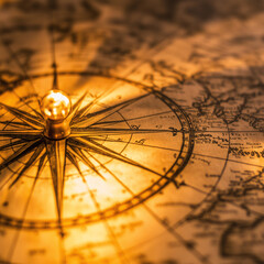 Wall Mural - compass with a light bulb pointing north, resting on an old map with warm lighting