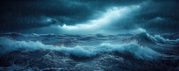 Poster - Dramatic ocean waves during a stormy night, dark clouds above, intense atmosphere.
