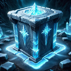 A stone altar with a large, icy crystal in its center glows blue, surrounded by smaller ice crystals. It sits on a platform of glowing blue energy.