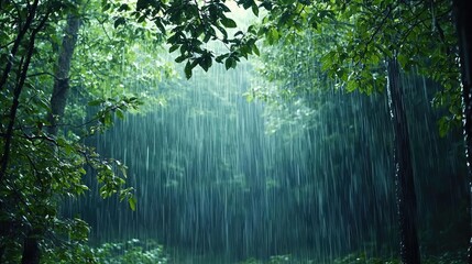 Poster - Lush green forest backdrop with gentle rain falling, creating a serene atmosphere.