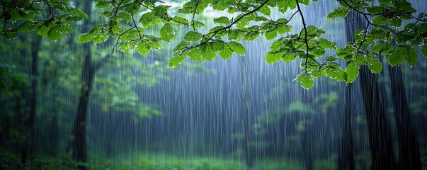Poster - Rain falling through lush green leaves in a tranquil forest setting.