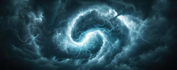 Poster - Dramatic swirling storm clouds with flashes of lightning, moody atmosphere.