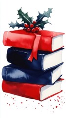 Poster - Christmas Books Stack Watercolor Illustration.