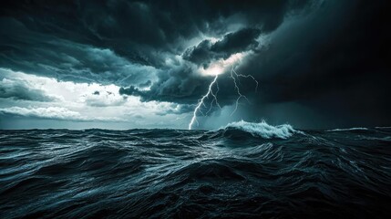 Poster - Stormy sea with lightning and dark clouds, showcasing nature's raw power.