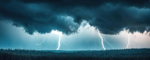 Poster - Dramatic lightning strikes against a dark stormy sky over a dense forest.