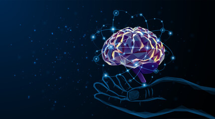 Leinwandbilder - Abstract hand is holding an artificial neural network or artificial intelligence brain. Digital brain science for future learning. modern technology innovation concept background
