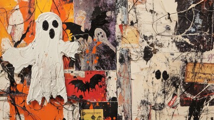 Poster - A detailed collage of vintage Halloween postcards, layered with paint splashes and 3D ghost figures made from fabric and wire