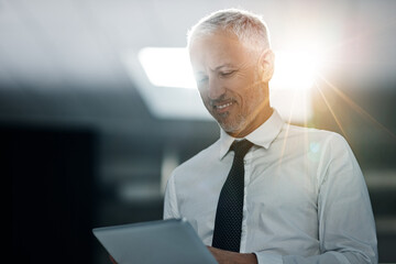 Aufkleber - Office, tablet and mature business man for research, planning and online project. Professional, corporate manager and person on digital tech for internet, website and networking for company proposal