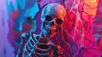 Poster - A Halloween mixed media project combining hand-painted skeletons, layered torn paper, and glowing resin spider webs