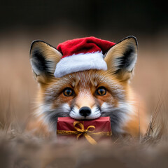 Sticker - Red Fox with Santa Hat and Gift.