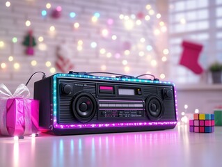 Poster - Retro Boombox with Christmas Lights.