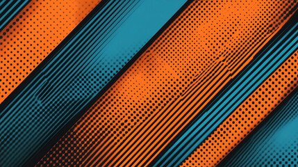Poster - Abstract geometric pattern with blue and orange stripes and halftone dots.