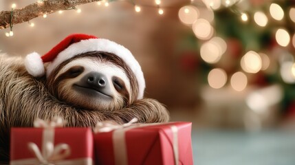 Poster - Sloth in Santa Hat with Christmas Gifts.