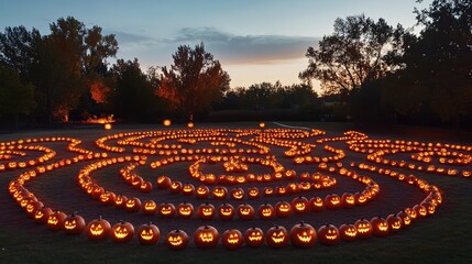 Poster - A large-scale outdoor Halloween art installation featuring giant glowing jack-o'-lanterns arranged in a spiral pattern with eerie lighting