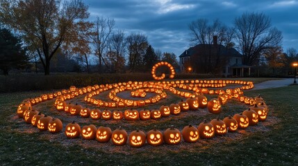 Poster - A large-scale outdoor Halloween art installation featuring giant glowing jack-o'-lanterns arranged in a spiral pattern with eerie lighting