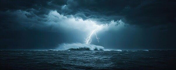 Poster - Dramatic lightning strikes over turbulent ocean waves, dark stormy skies.
