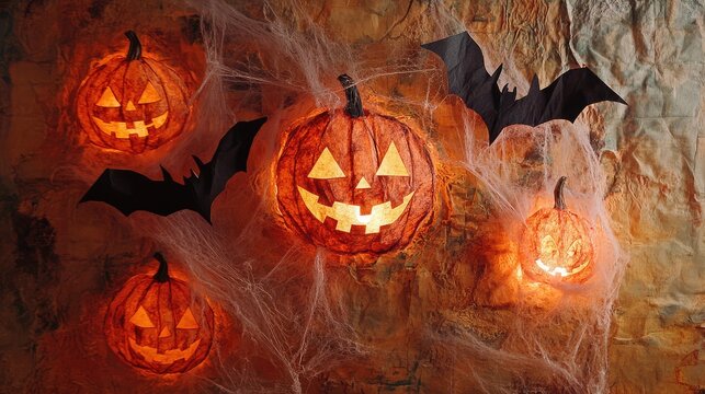 A layered collage of paper cutout jack-o'-lanterns, fabric cobwebs, and painted bats on a textured canvas, glowing under soft lighting