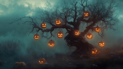 Poster - A life-size Halloween art piece featuring a twisted tree with glowing jack-o'-lanterns hanging from the branches and eerie fog surrounding it