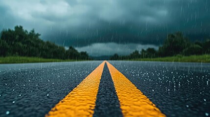 Poster - Rainy road with yellow lines, dark clouds above, moody atmospheric scene.