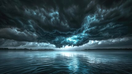 Poster - Dark stormy sky with lightning over a tranquil water surface