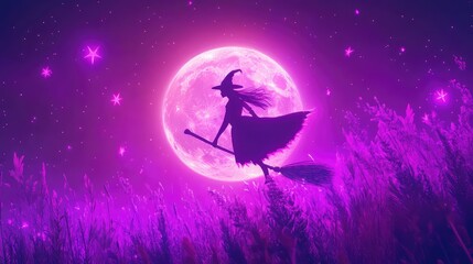 Poster - A neon witch silhouette flying on a broomstick against a glowing full moon, surrounded by purple neon stars