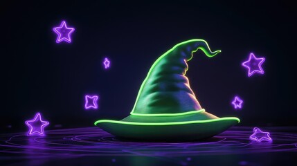 Poster - A neon witch's hat in vibrant green, glowing against a black background with purple neon stars scattered around