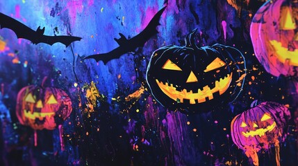 Poster - A neon-infused Halloween mixed media artwork featuring acrylic paint splashes, layered paper bats