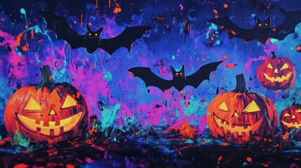 Poster - A neon-infused Halloween mixed media artwork featuring acrylic paint splashes, layered paper bats