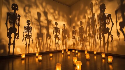 Poster - A shadow-based Halloween art installation where glowing skeletons cast eerie silhouettes on the walls, surrounded