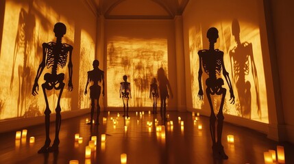 Poster - A shadow-based Halloween art installation where glowing skeletons cast eerie silhouettes on the walls, surrounded