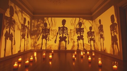Poster - A shadow-based Halloween art installation where glowing skeletons cast eerie silhouettes on the walls, surrounded