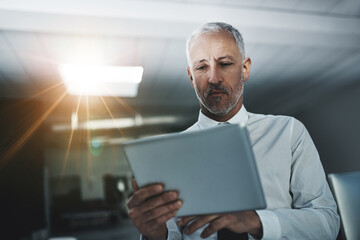 Aufkleber - Office, online and businessman on tablet for research, planning and company proposal in morning. Professional, corporate and mature person on digital tech for internet, website and reading email