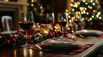 Poster - A table with a Christmas tree and a red tablecloth