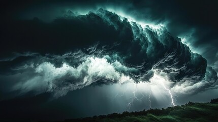 Poster - Dramatic storm clouds with lightning illuminating the dark sky at dusk.