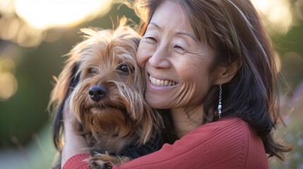 A cheerful woman hugging her cute dog in a sunlit garden