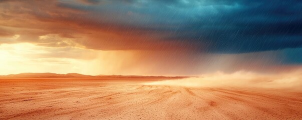 Poster - Vast desert landscape under dramatic stormy skies at sunset