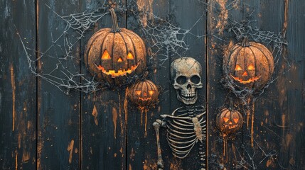 Wall Mural - A textured wall art combining painted pumpkins, glowing fabric cobwebs, and metallic skeletons layered onto a wooden panel