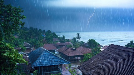 Poster - Dramatic stormy weather with lightning over seaside village, dark clouds and rain.