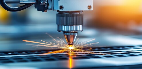 A laser-cut machine creating sparks of light, a close-up on the laser beam and the part being cut, a modern factory background with a copy space area for text. industrial and mechanical concept