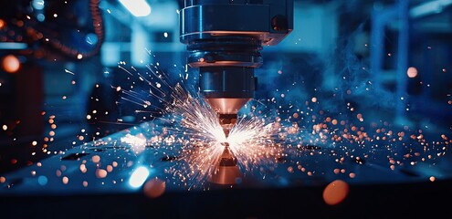 A laser-cut machine creating sparks of light, a close-up on the laser beam and the part being cut, a modern factory background with a copy space area for text. industrial and mechanical concept