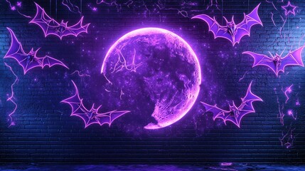 Poster - Neon bats in electric purple, flying above a glowing moon, set against a black wall with neon stars