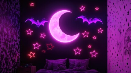 Poster - Neon bats in electric purple, flying above a glowing moon, set against a black wall with neon stars