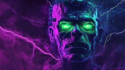 Poster - Neon Frankenstein's monster face glowing in green and purple, with lightning bolts illuminating the background