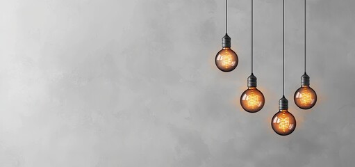 Vintage light bulbs hanging on a grey background with copy space. This creative idea represents the concept of creativity and innovation in business